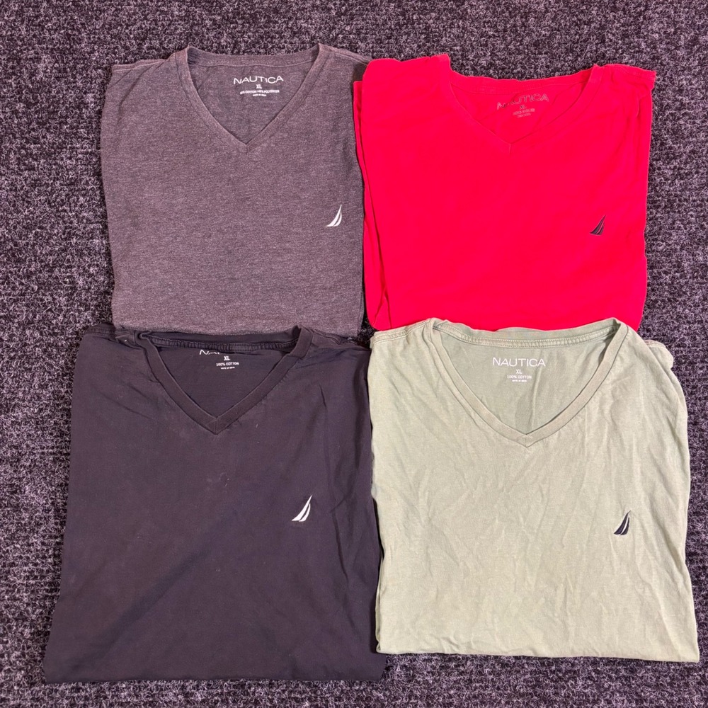 Nautica Mens V-Neck T-Shirt Lot of 4 XL Red Grey Navy Green Short Sleeve Logo